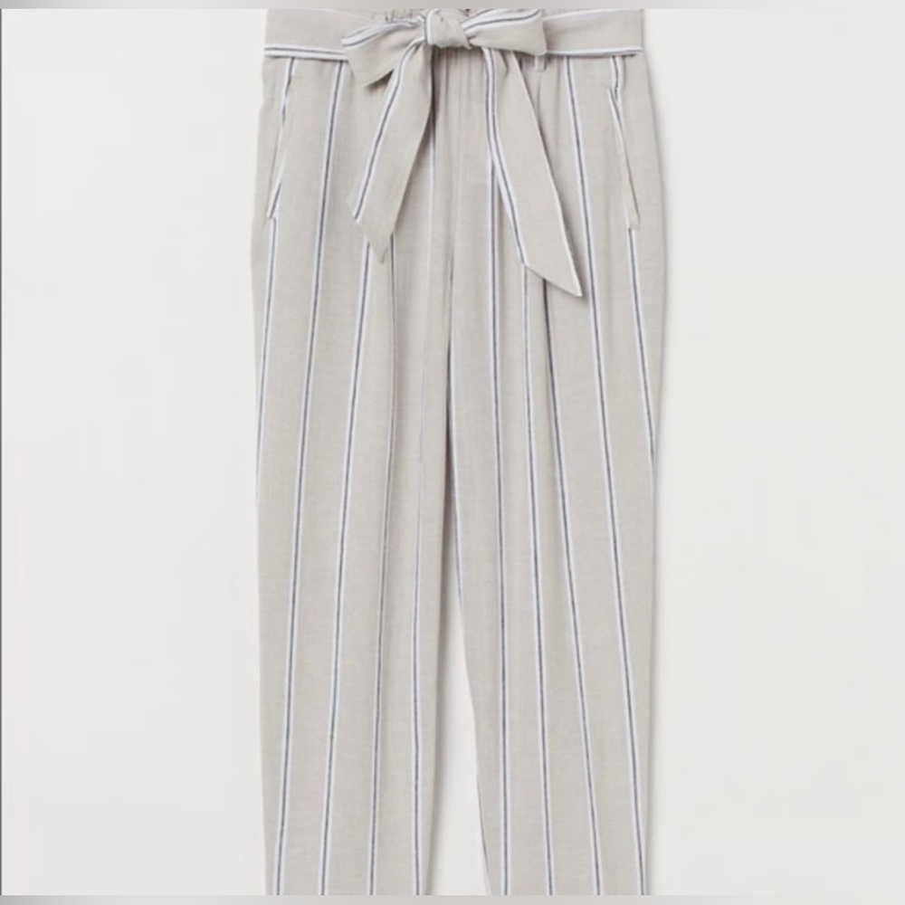 H&M Striped Linen Blend Trousers with Tie-Waist